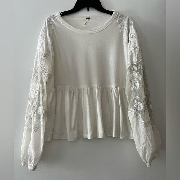 Free People Cream White Embroidered Penny Tee Long Sleeve Blouse Size S - Picture 2 of 8